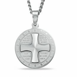 Men's Lord's Prayer Round Cross Pendant in Stainless Steel - 24&quot;