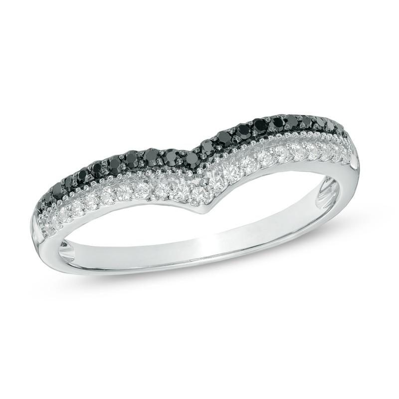 Main Image 1 of 1/4 CT. T.W. Black and White Diamond Double Row Contour Band in 10K White Gold