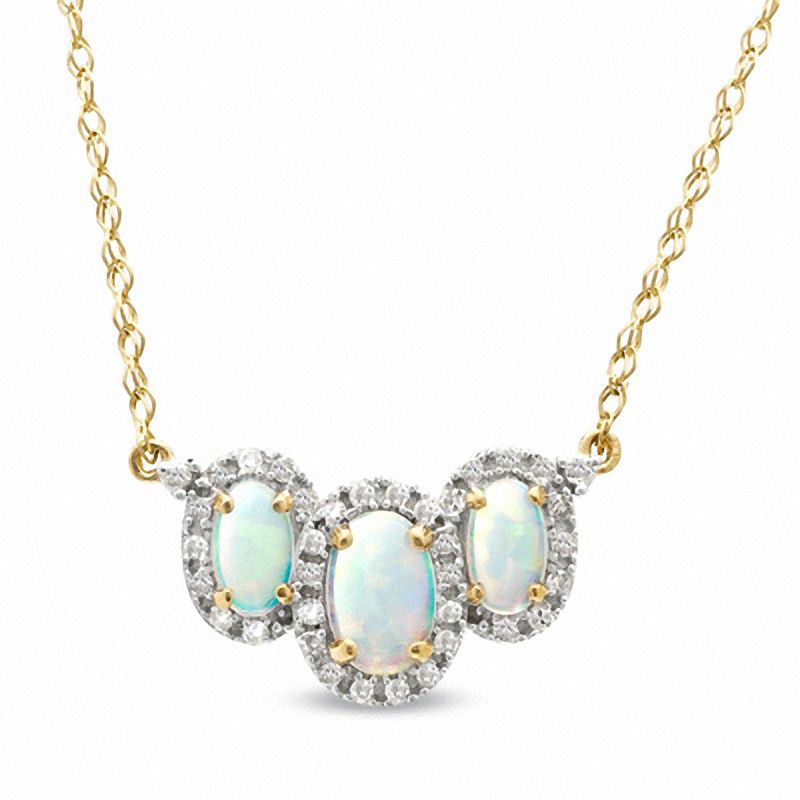 Main Image 1 of Oval Lab-Created Opal and 1/10 CT. T.W. Diamond Necklace in 14K Gold