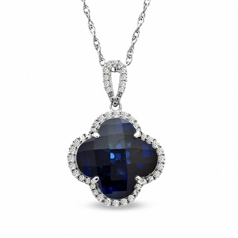 14.0mm Clover-Shaped Lab-Created Blue and White Sapphire Pendant in Sterling Silver