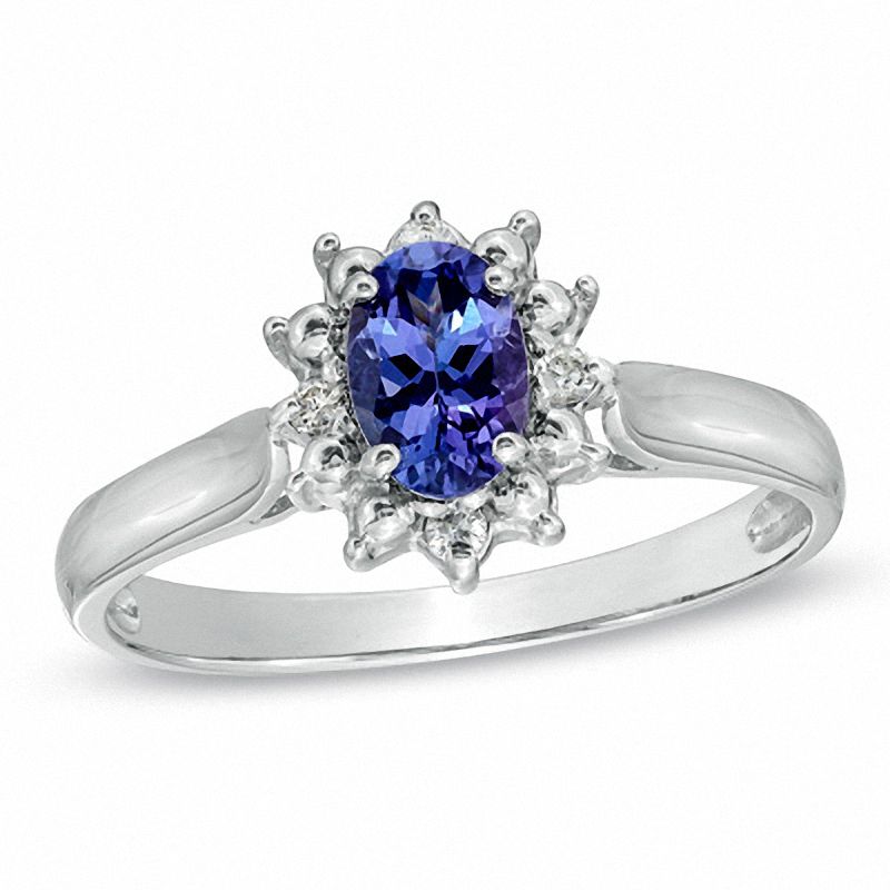 Main Image 1 of Oval Tanzanite and Diamond Accent Ring in 14K White Gold