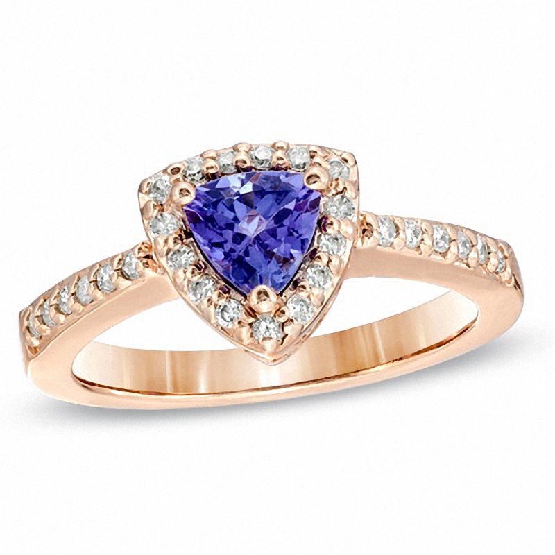 5.5mm Trillion-Cut Tanzanite and 1/5 CT. T.W. Diamond Ring in 14K Rose ...