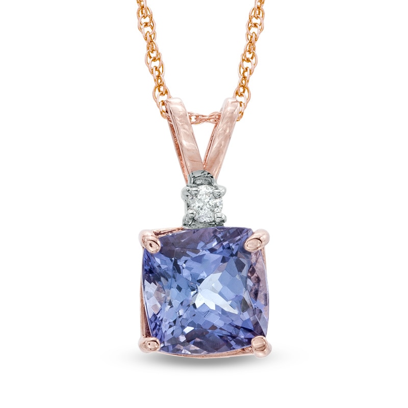 Main Image 1 of 7.0mm Cushion-Cut Tanzanite and Diamond Accent Pendant in 14K Rose Gold