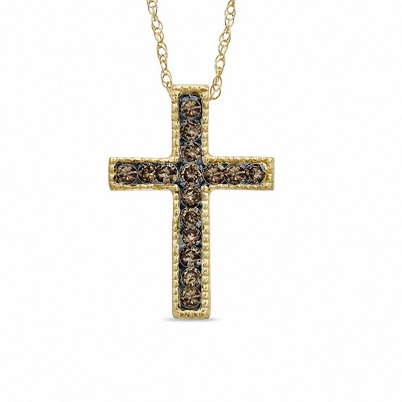 Main Image 1 of 1/8 CT. T.W. Champagne Diamond Cross Pendant in 10K Gold