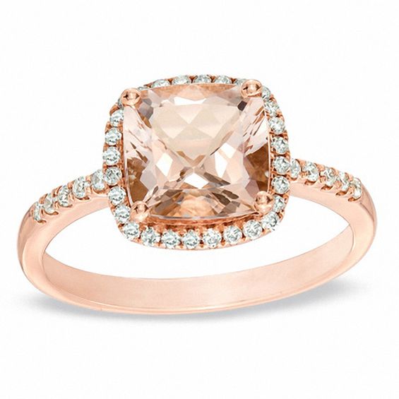 8.0mm Cushion-Cut Morganite and 1/5 CT. T.W. Diamond Frame Ring in 14K ...