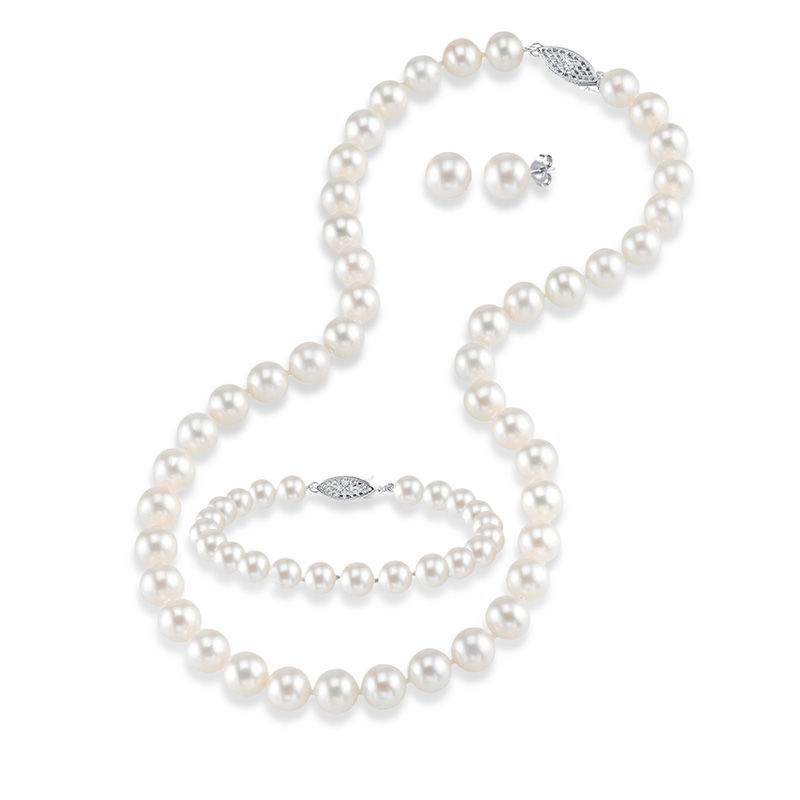 8.0 - 9.0mm Cultured Freshwater Pearl Necklace, Bracelet and Earrings ...