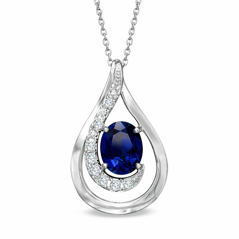 Main Image 1 of Oval Lab-Created Blue and White Sapphire Swirl Pendant in 14K White Gold
