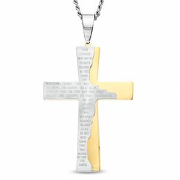 Men's Lord's Prayer Cross Pendant in Stainless Steel and Yellow IP - 24&quot;