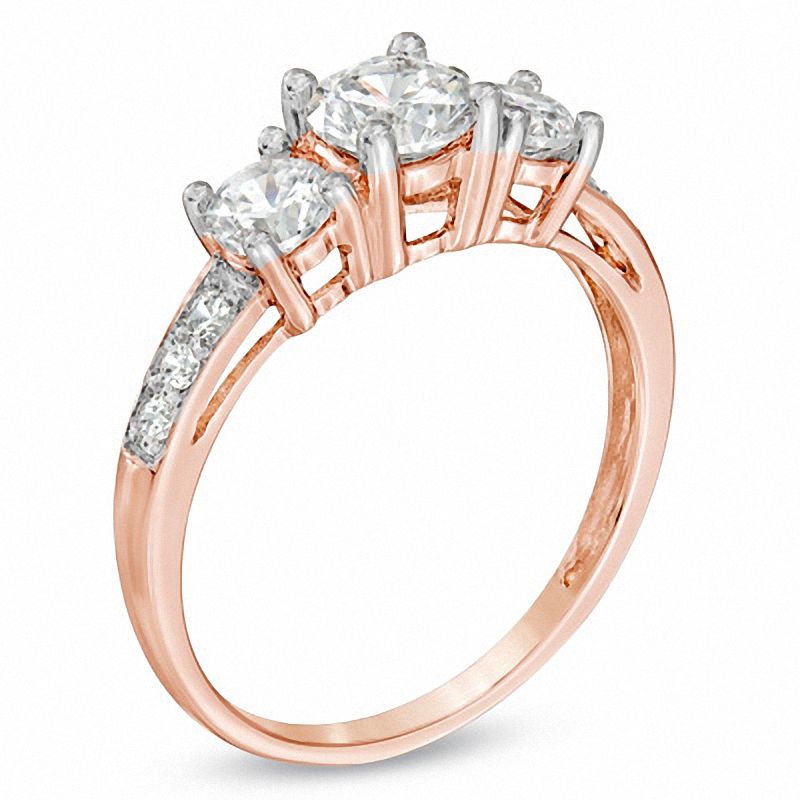 Main Image 2 of Lab-Created White Sapphire Three Stone Ring in 10K Rose Gold