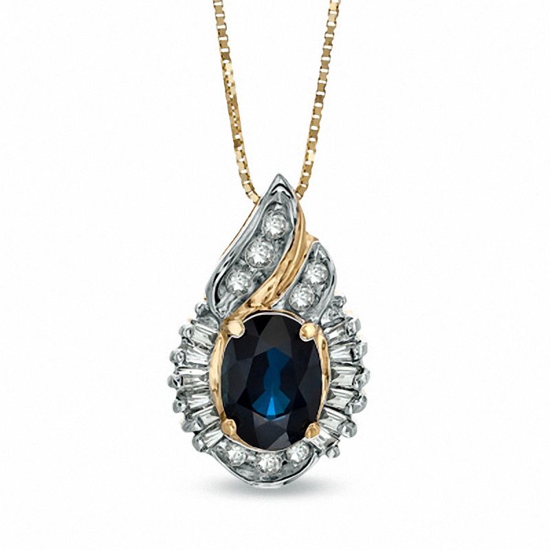 Main Image 1 of Oval Blue Sapphire and 1/5 CT. T.W. Baguette and Round Diamond Pendant in 14K Gold