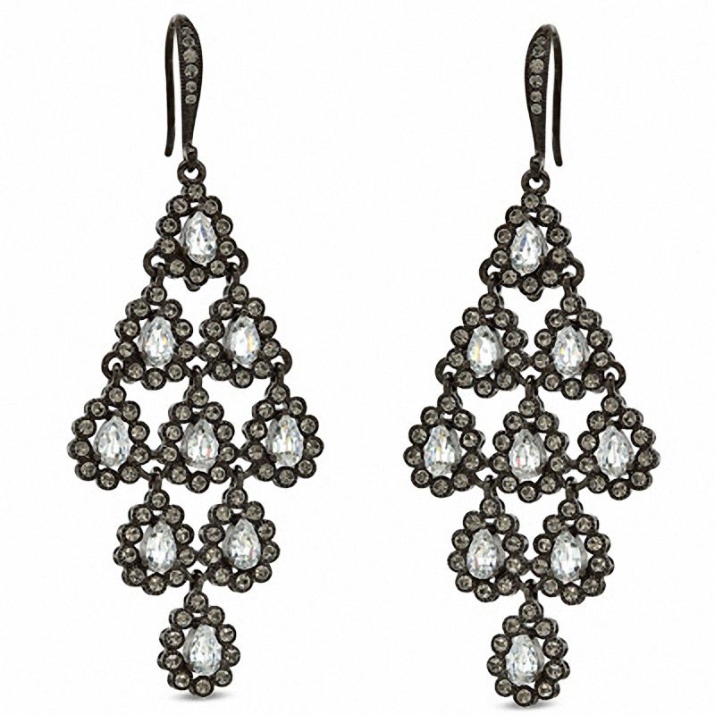 Cubic Zirconia and Crystal Tiered Drop Earrings in Hematite Gray Plated Brass