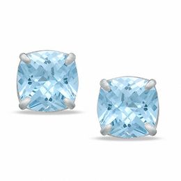 8.0mm Cushion-Cut Simulated Aquamarine Stud Earrings in Sterling Silver