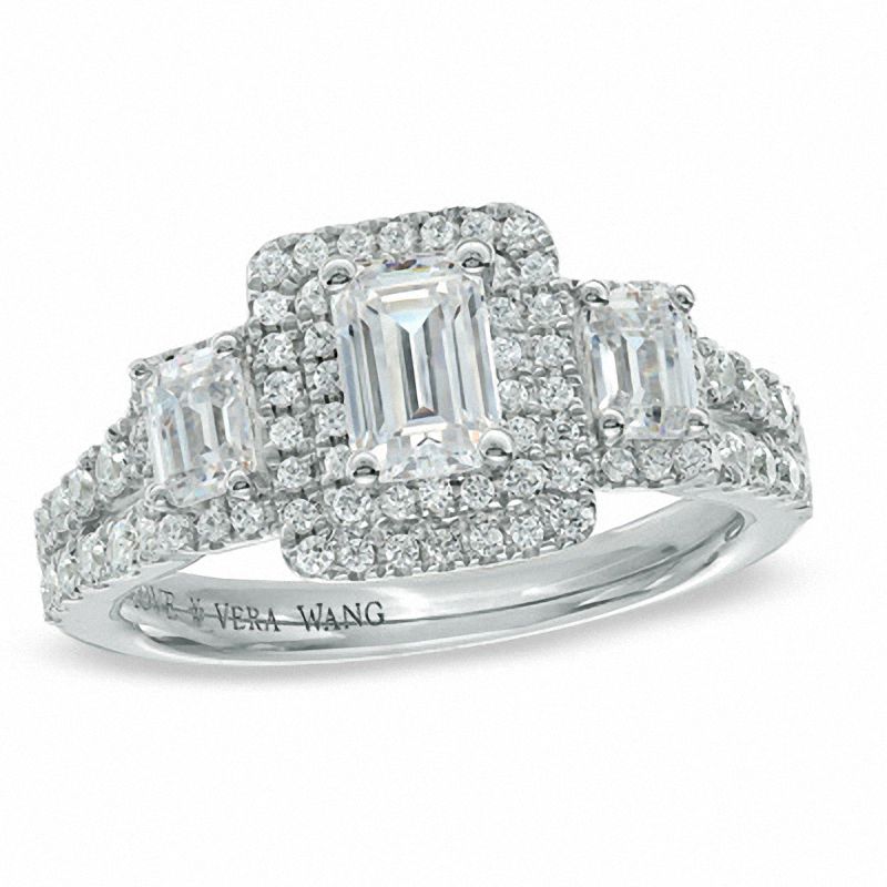Vera Wang Love Collection 1-1/3 CT. T.W. Emerald-Cut Diamond Three Stone Engagement Ring in 14K White Gold