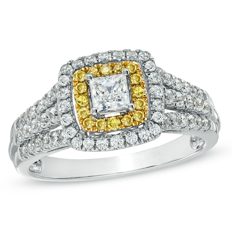 1 CT. T.W. Princess-Cut White and Yellow Diamond Double Frame Ring in 14K White Gold