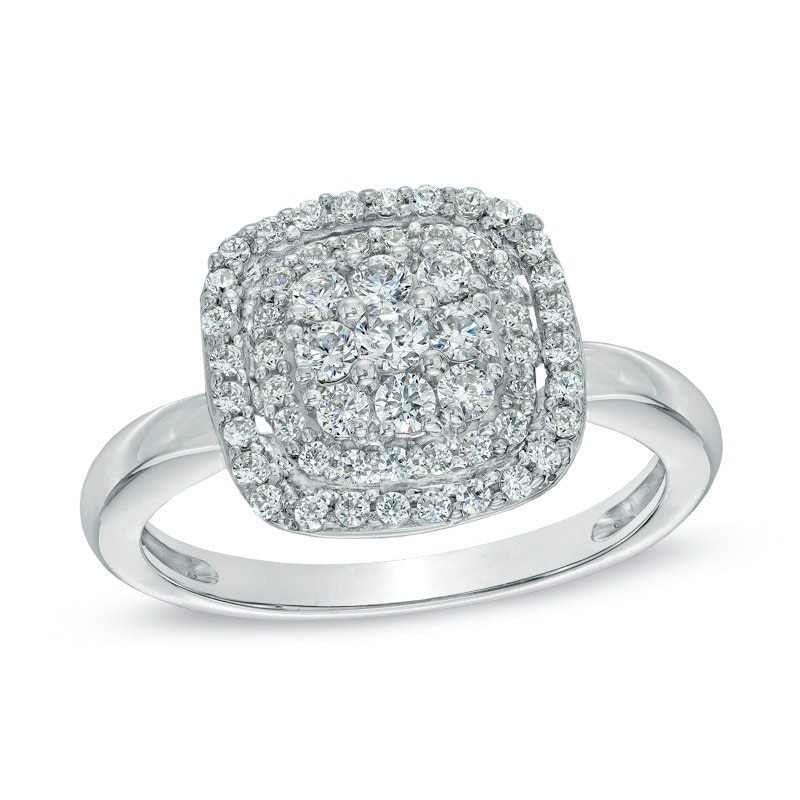 Main Image 1 of 1/2 CT. T.W. Diamond Cushion Cluster Frame Ring in 10K White Gold