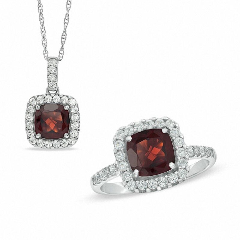 Main Image 1 of 7.0mm Cushion-Cut Garnet and Lab-Created White Sapphire Frame Pendant and Ring Set in Sterling Silver - Size 7