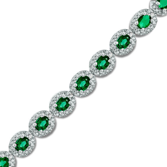 Oval Lab-Created Emerald And Diamond Accent Frame Bracelet In Sterling Silver - 7.5