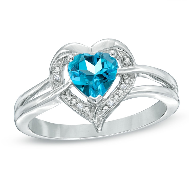 Main Image 1 of 6.0mm Heart-Shaped Blue Topaz and Diamond Accent Ring in Sterling Silver