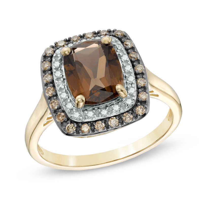Cushion-Cut Smoky Quartz and 1/5 CT. T.W. Champagne and White Diamond Frame Ring in 10K Gold