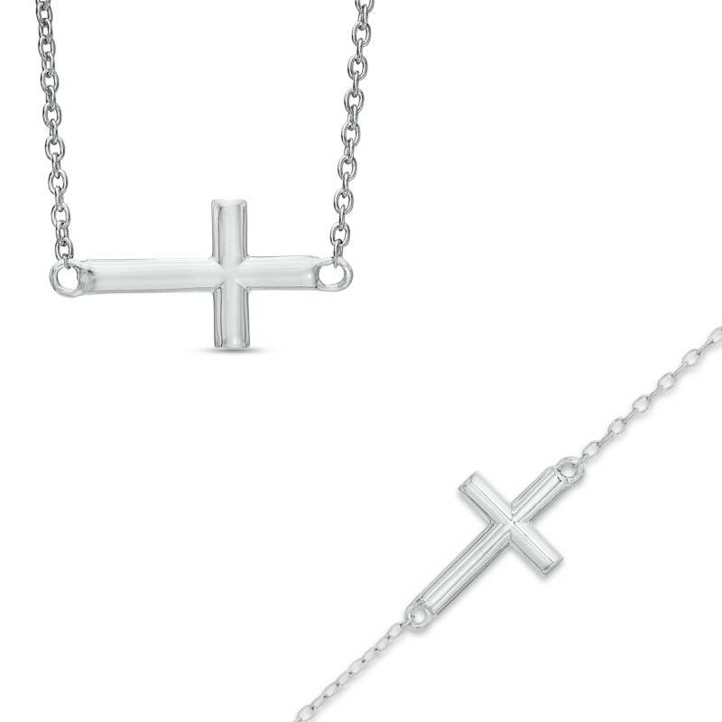 Sideways Cross Necklace and Bracelet Set in Sterling Silver