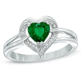 6.0mm Heart-Shaped Lab-Created Emerald and Diamond Accent Ring in Sterling Silver