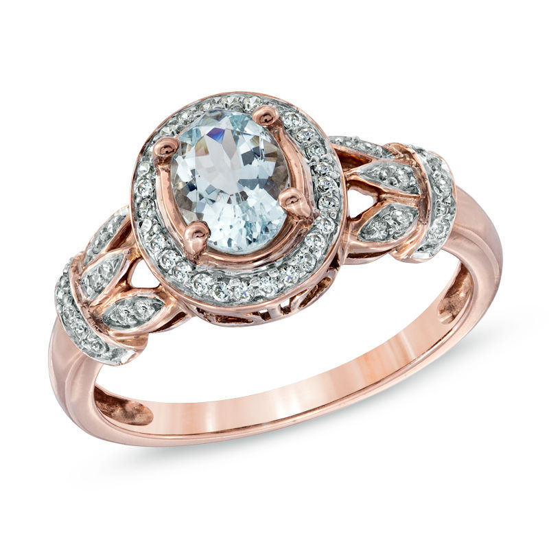 Main Image 1 of Oval Aquamarine and 1/6 CT. T.W. Diamond Frame Vine Ring in 10K Rose Gold