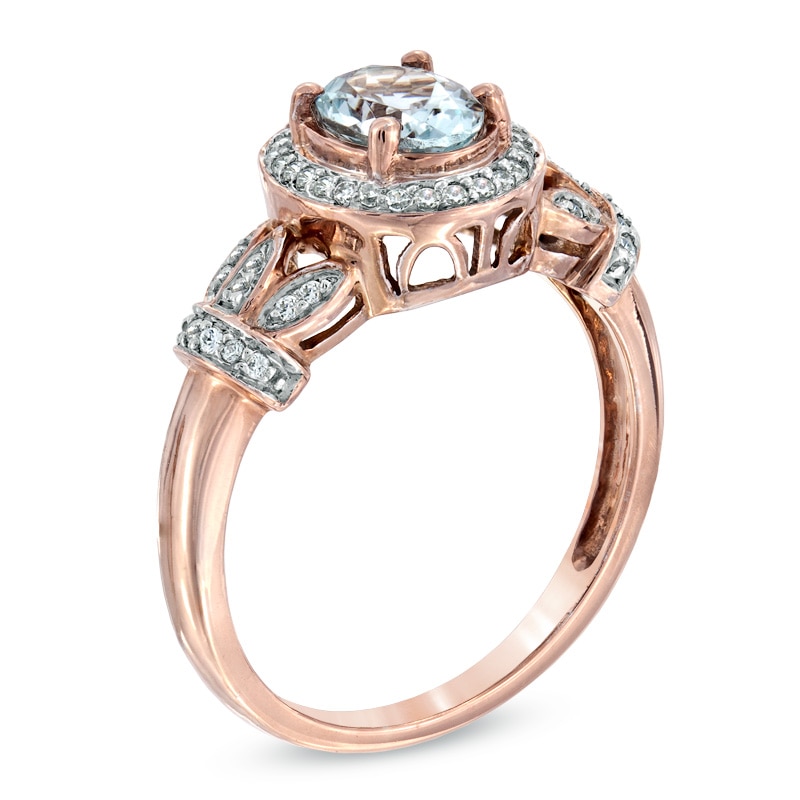 Main Image 2 of Oval Aquamarine and 1/6 CT. T.W. Diamond Frame Vine Ring in 10K Rose Gold