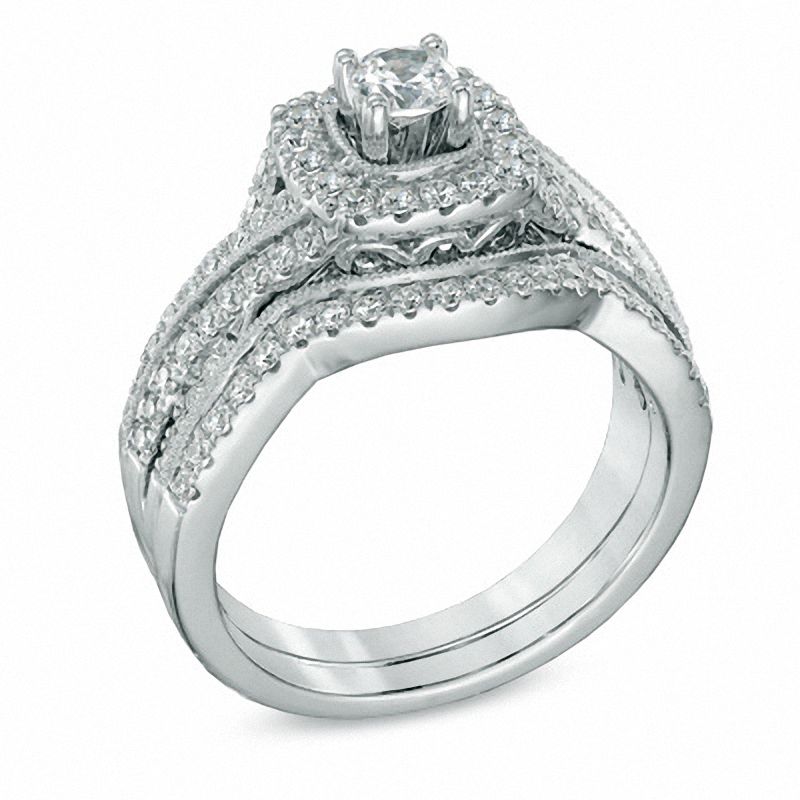 Celebration Ideal 1 CT. T.W. Certified Diamond Vintage-Style Bridal Set in 14K White Gold (I/I1)