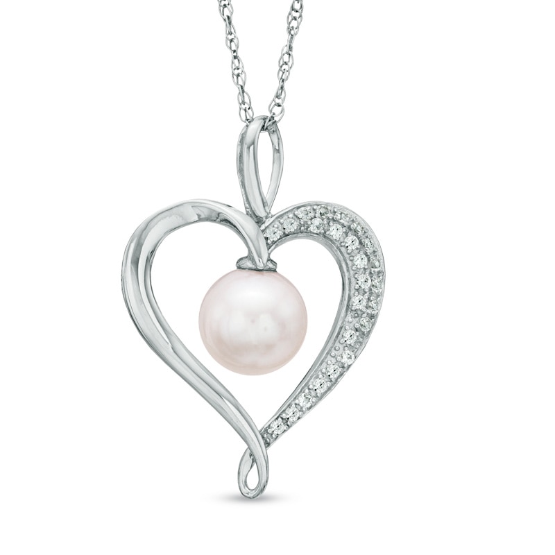 Main Image 1 of 7.5-8.0mm Freshwater Cultured Pearl and Lab-Created White Sapphire  Heart Pendant in Sterling Silver