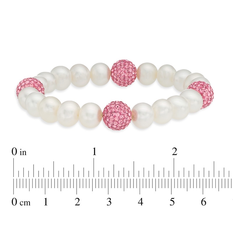 8.0-9.0mm Freshwater Cultured Pearl and Pink Crystal Bead Stretch Bracelet-7.25"