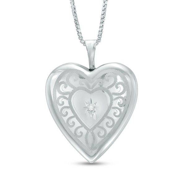 Diamond Accent Photo Heart Locket in Sterling Silver with 18K White, Yellow  or Rose Gold Plate (1 Image and Line)