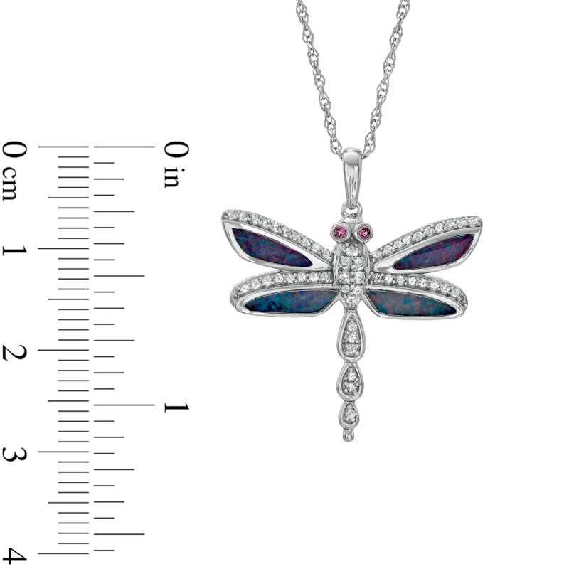 Main Image 2 of Opal, Garnet and Lab-Created White Sapphire Dragonfly Pendant in Sterling Silver