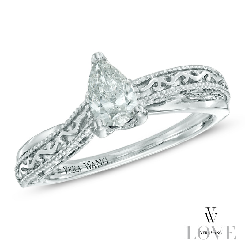 Main Image 1 of Vera Wang Love Collection 1/2 CT. Pear-Shaped Diamond Solitaire Scroll Engagement Ring in 14K White Gold