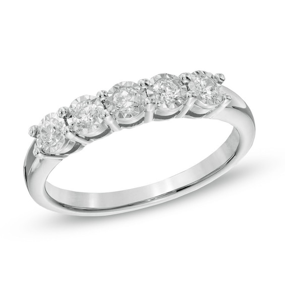 Ladies' 1/4 CT. T.W. Diamond Five Stone Wedding Band in 10K White Gold ...