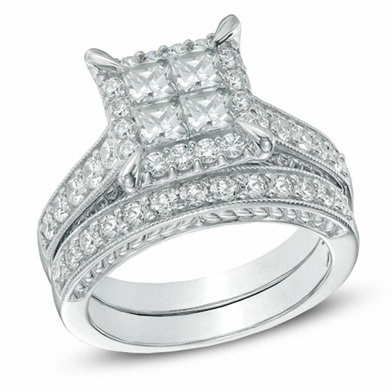 2 CT. T.W. Princess-Cut Quad Diamond Frame Bridal Set in 14K White Gold ...