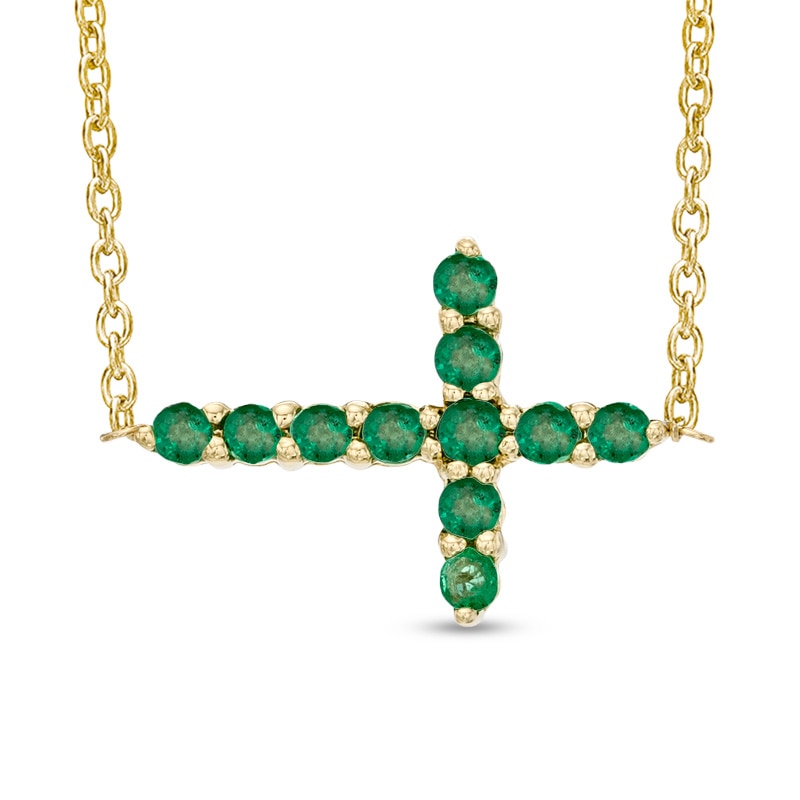 Emerald Sideways Cross Necklace in 10K Gold