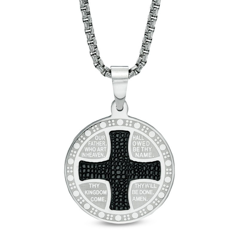 Men's Lord's Prayer Cross Medal Pendant in Two-Tone Stainless Steel - 24"