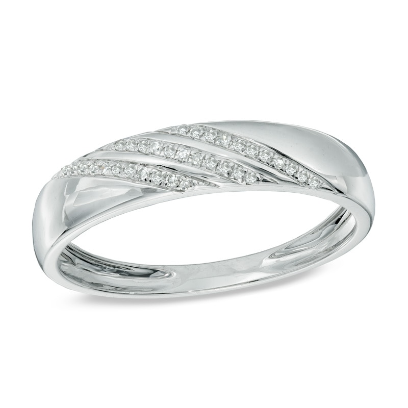 Main Image 1 of Men's 1/10 CT. T.W. Diamond  Slant Striped Wedding Band in 10K White Gold