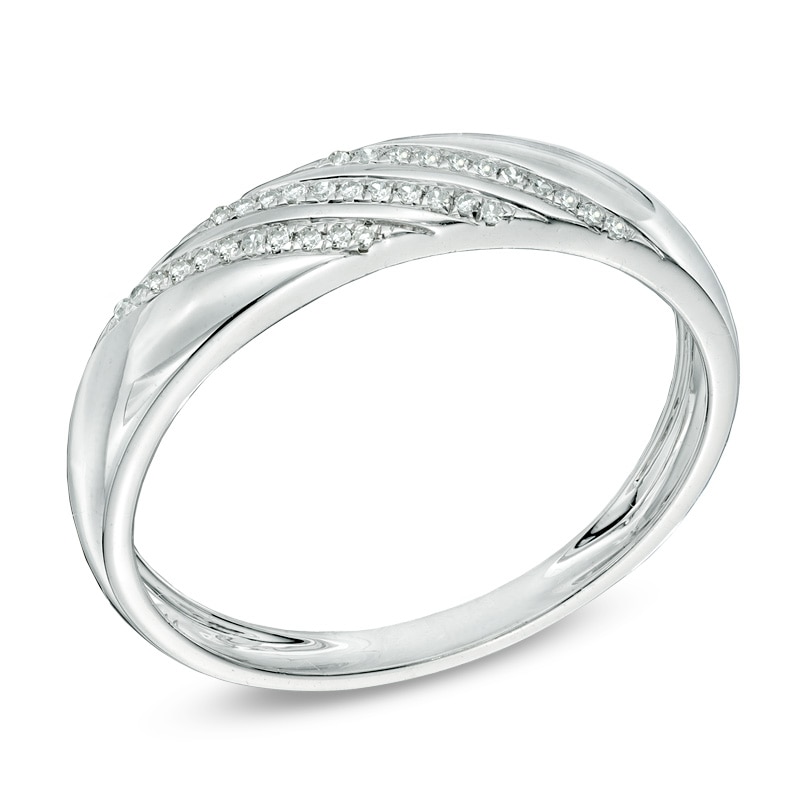 Main Image 2 of Men's 1/10 CT. T.W. Diamond  Slant Striped Wedding Band in 10K White Gold