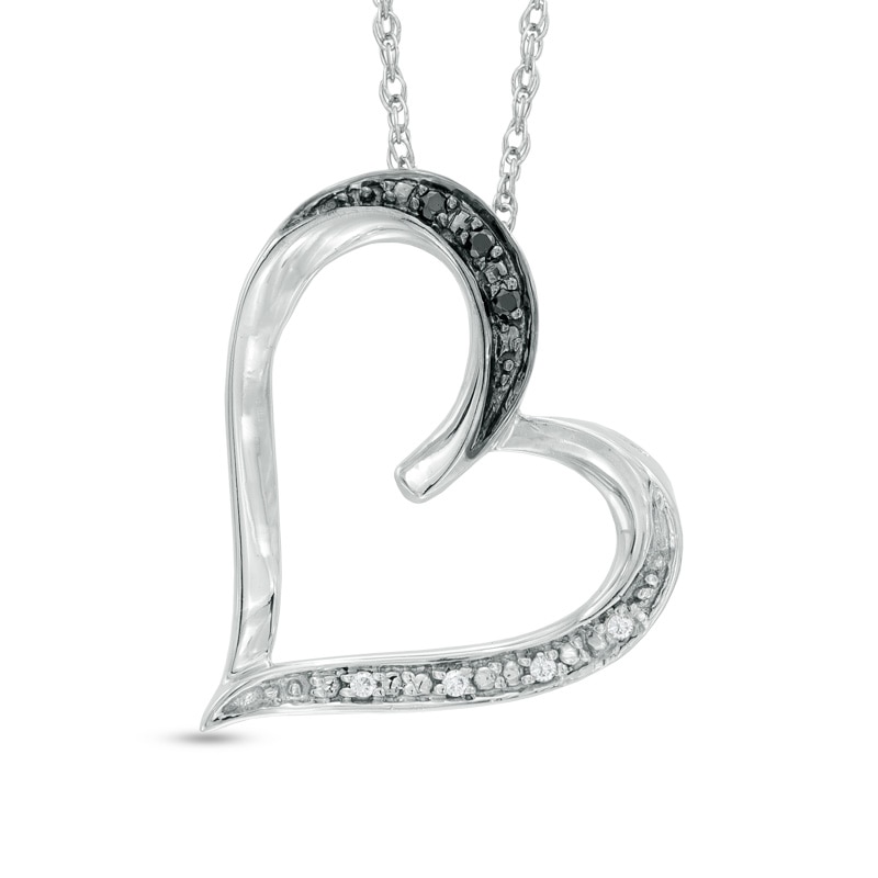 Main Image 1 of Enhanced Black and White Diamond Accent Tilted Heart Pendant in Sterling Silver