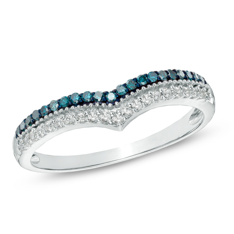 Main Image 1 of 1/4 CT. T.W. Enhanced Blue and White Diamond Double Row Contour Band in 10K White Gold