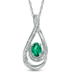 Oval Lab-Created Emerald and Diamond Accent Loop Pendant in Sterling Silver