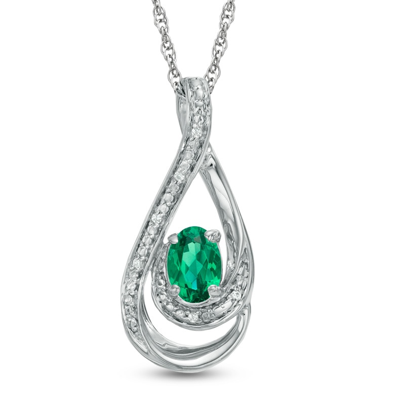 Main Image 1 of Oval Lab-Created Emerald and Diamond Accent Loop Pendant in Sterling Silver