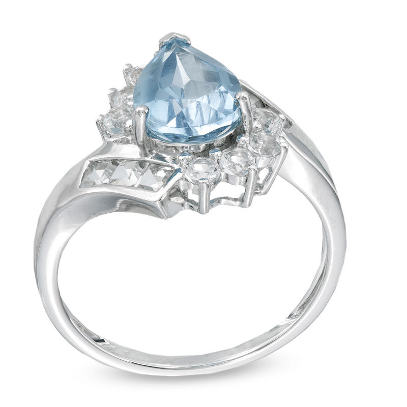 Pear-Shaped Blue Topaz Bypass Ring in 10K White Gold with White Topaz Accents
