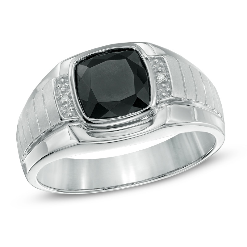 Men's 8.0mm Cushion-Cut Onyx and Diamond Accent Ring in Sterling Silver ...