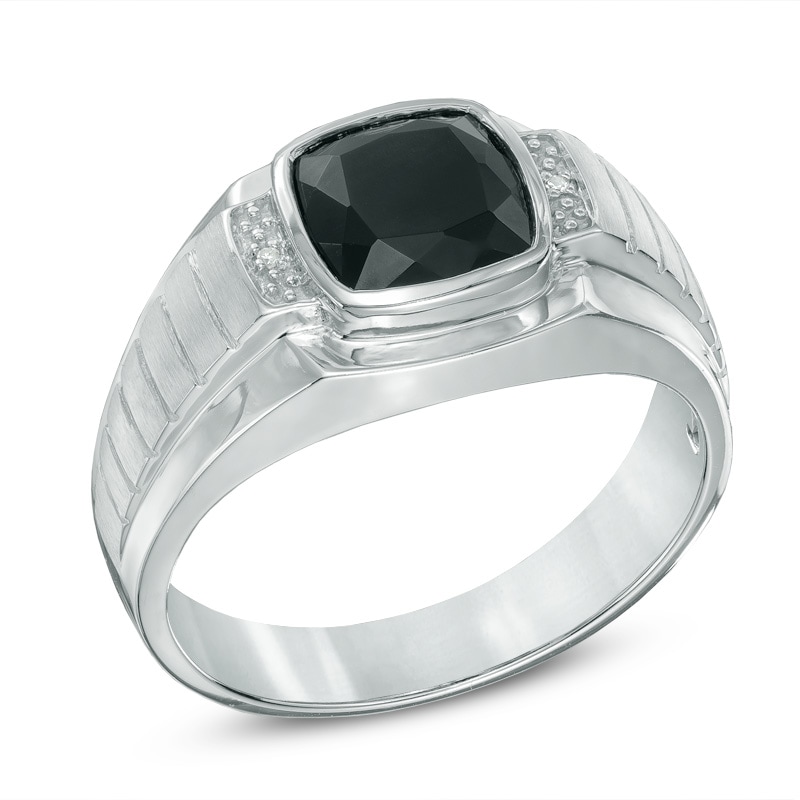 Men's 8.0mm Cushion-Cut Onyx and Diamond Accent Ring in Sterling Silver ...