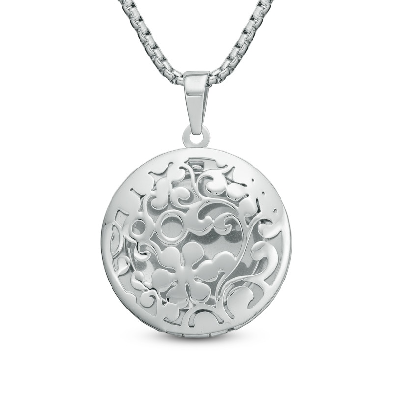 Main Image 1 of Floral Cutout Circle Locket in Stainless Steel - 24&quot;