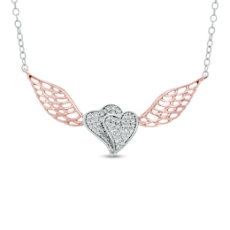 1/8 CT. T.W. Diamond Double Heart with Wings Necklace in Two-Tone Sterling Silver