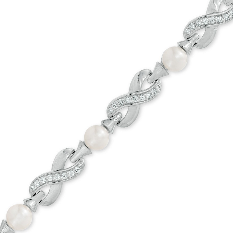 5.5-6.0mm Freshwater Cultured Pearl and Lab-Created White Sapphire Infinity Link Bracelet in Sterling Silver-7.75"