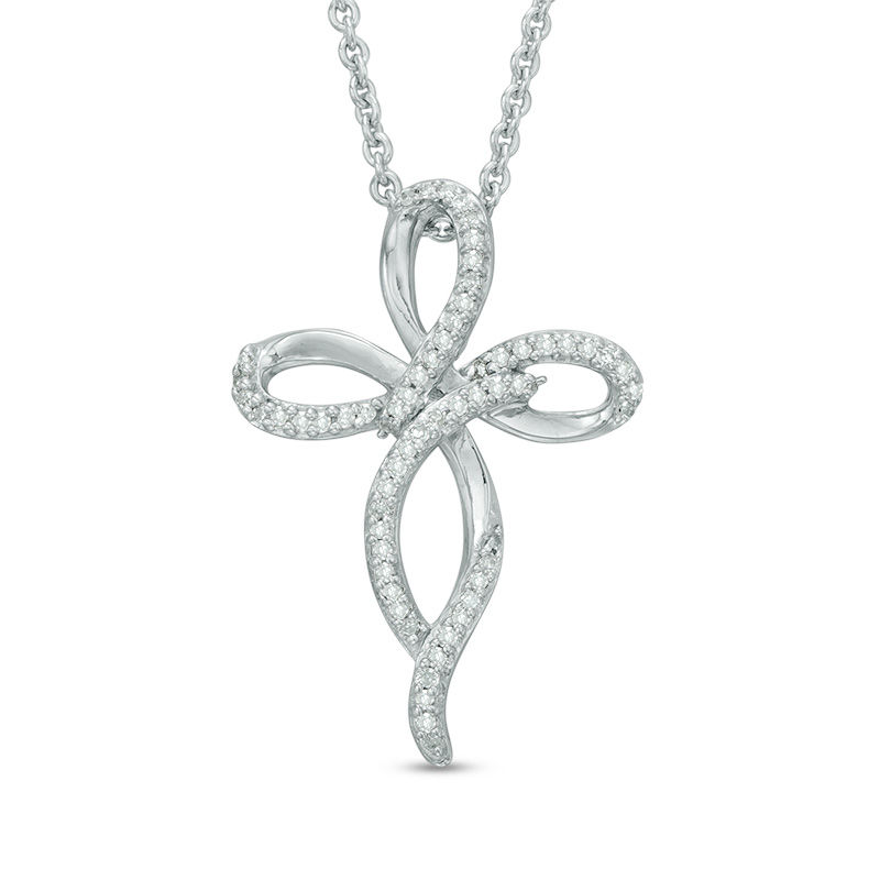 Main Image 1 of 1/10 CT. T.W. Diamond Ribbon Cross Pendant in Sterling Silver